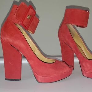 Red open toe one strap heel